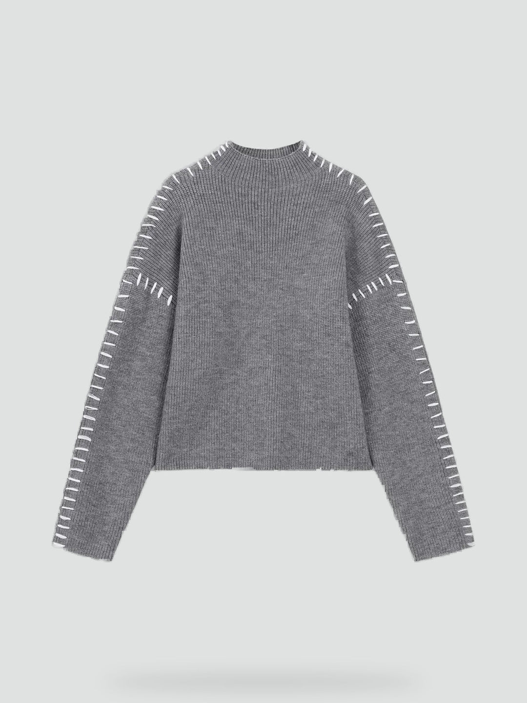Women's Oversized Knit Sweater Mock Turtleneck Contrast Stitch Relaxed Pullover