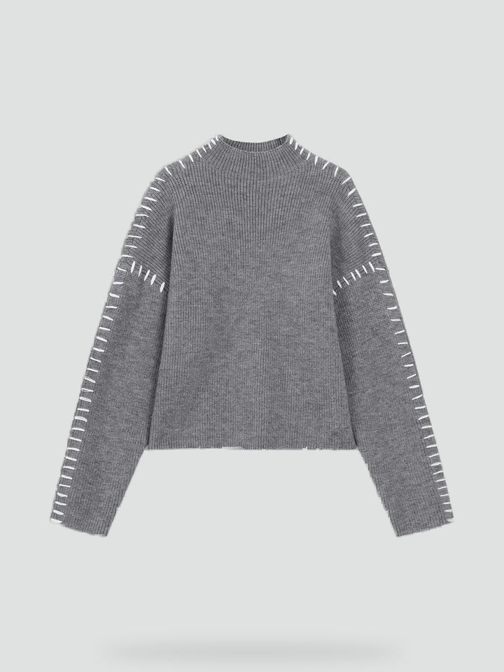 Women's Oversized Knit Sweater Mock Turtleneck Contrast Stitch Relaxed Pullover