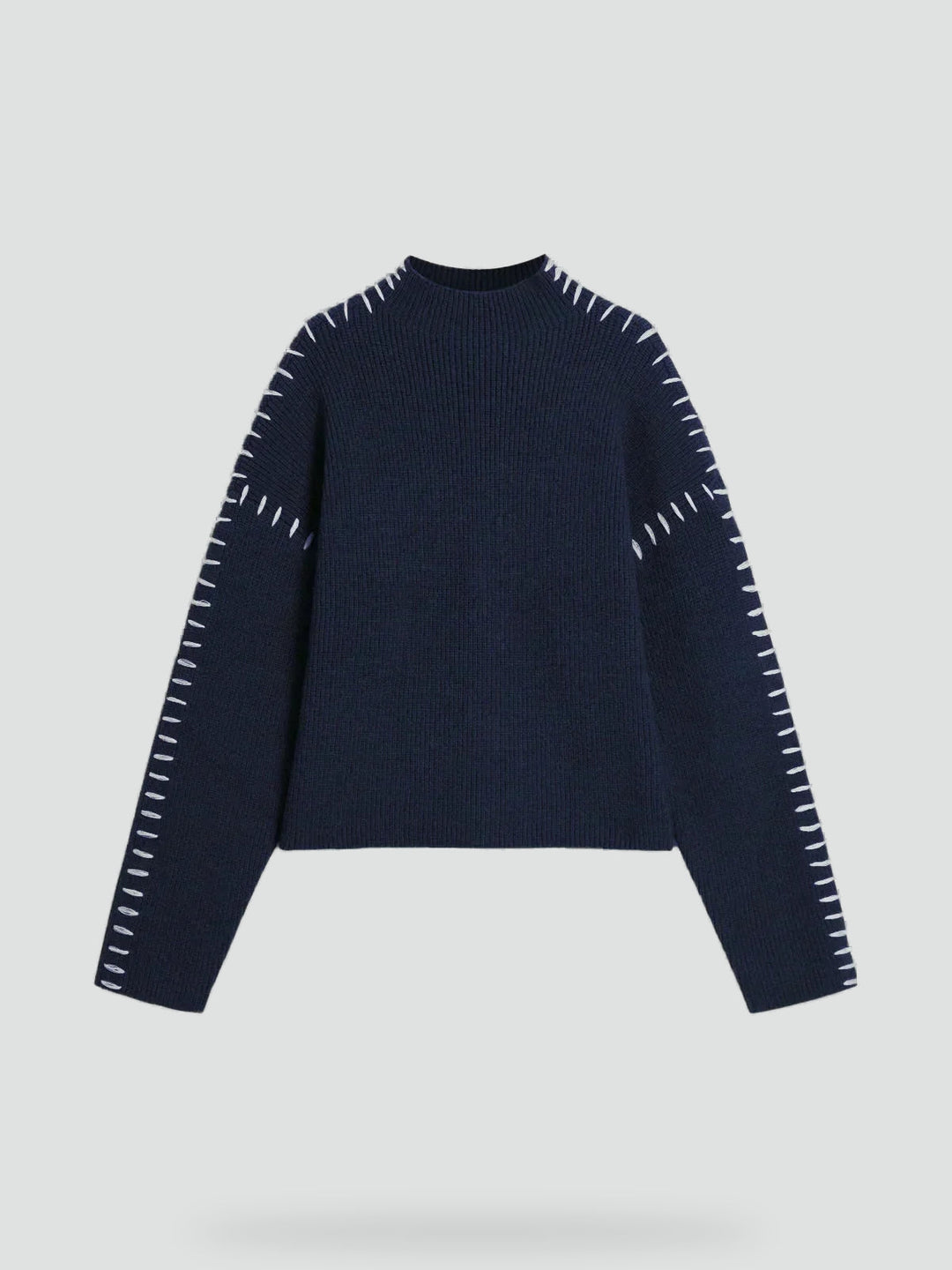 Women's Oversized Knit Sweater Mock Turtleneck Contrast Stitch Relaxed Pullover