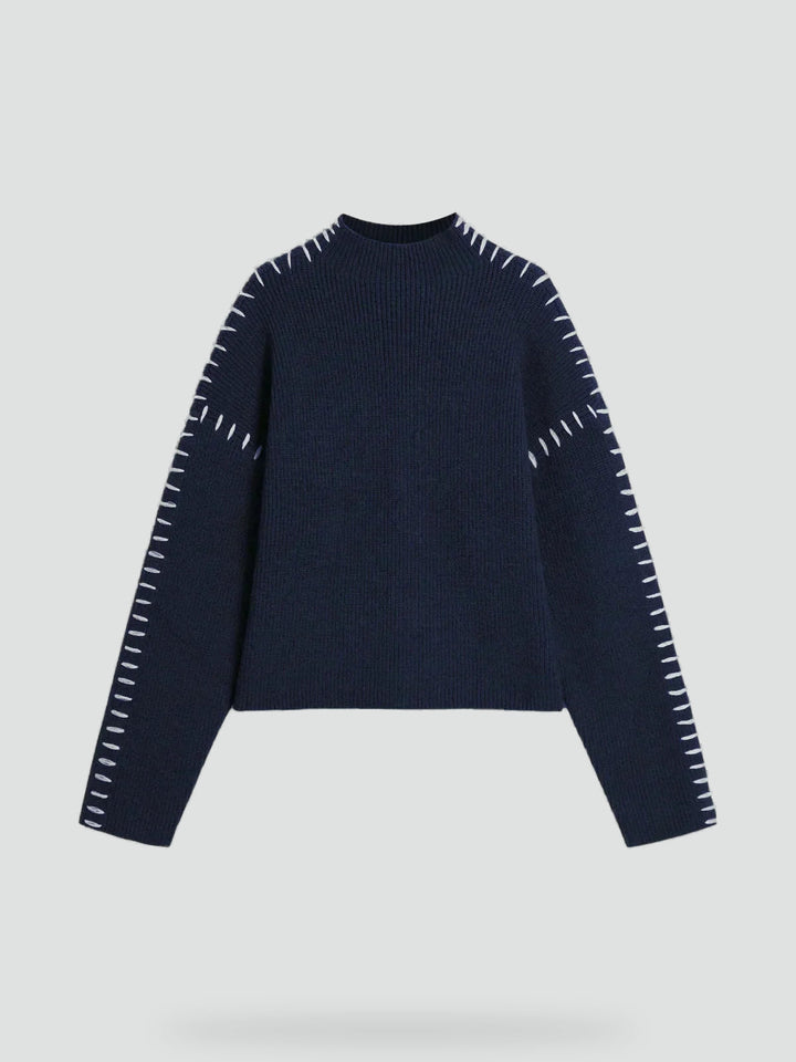 Women's Oversized Knit Sweater Mock Turtleneck Contrast Stitch Relaxed Pullover