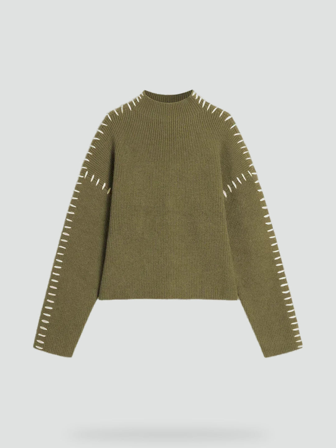 Women's Oversized Knit Sweater Mock Turtleneck Contrast Stitch Relaxed Pullover