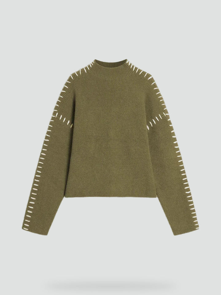 Women's Oversized Knit Sweater Mock Turtleneck Contrast Stitch Relaxed Pullover