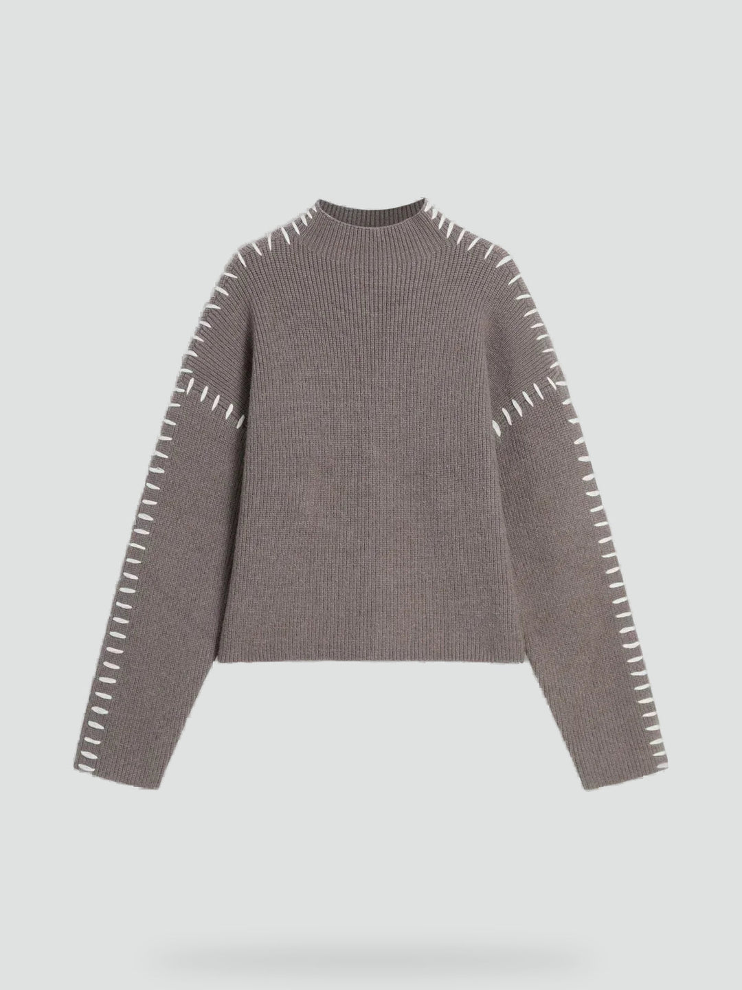 Women's Oversized Knit Sweater Mock Turtleneck Contrast Stitch Relaxed Pullover