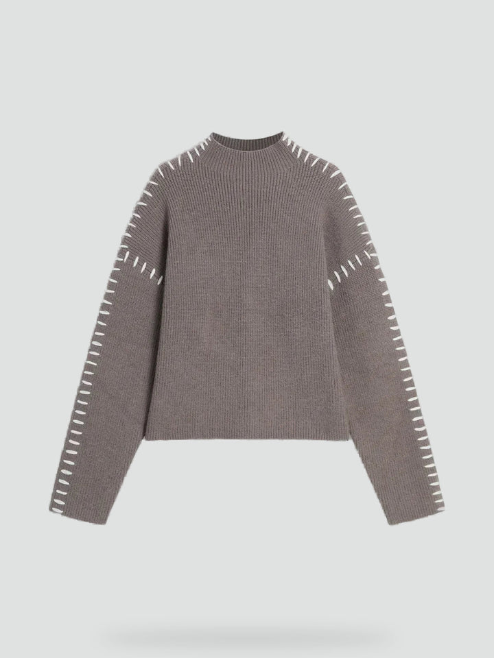 Women's Oversized Knit Sweater Mock Turtleneck Contrast Stitch Relaxed Pullover