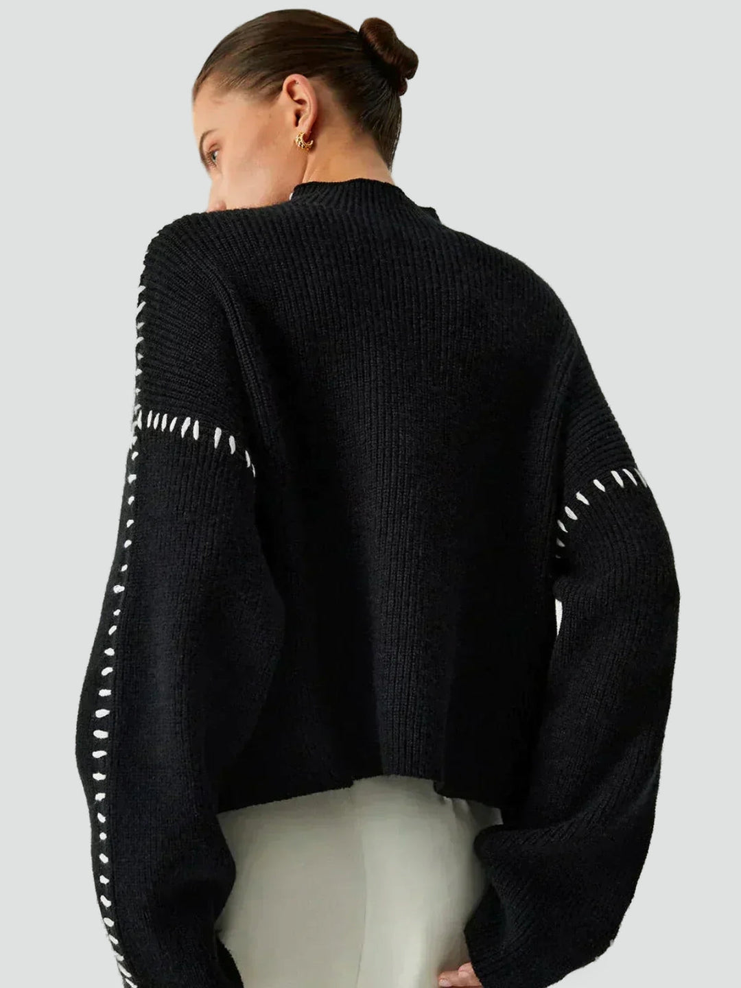 Women's Oversized Knit Sweater Mock Turtleneck Contrast Stitch Relaxed Pullover