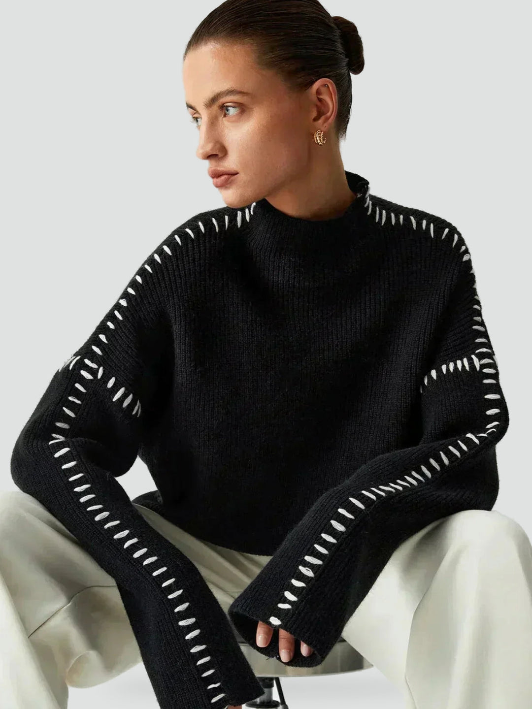 Women's Oversized Knit Sweater Mock Turtleneck Contrast Stitch Relaxed Pullover