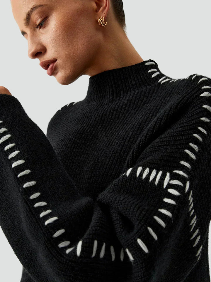 Women's Oversized Knit Sweater Mock Turtleneck Contrast Stitch Relaxed Pullover
