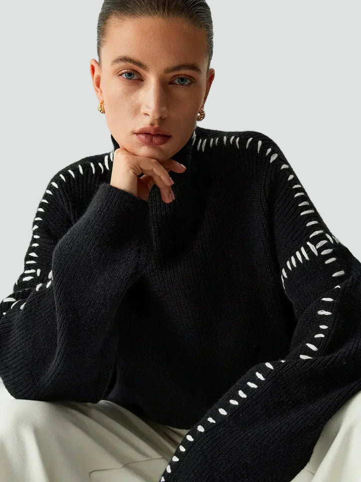 Women's Oversized Knit Sweater Mock Turtleneck Contrast Stitch Relaxed Pullover