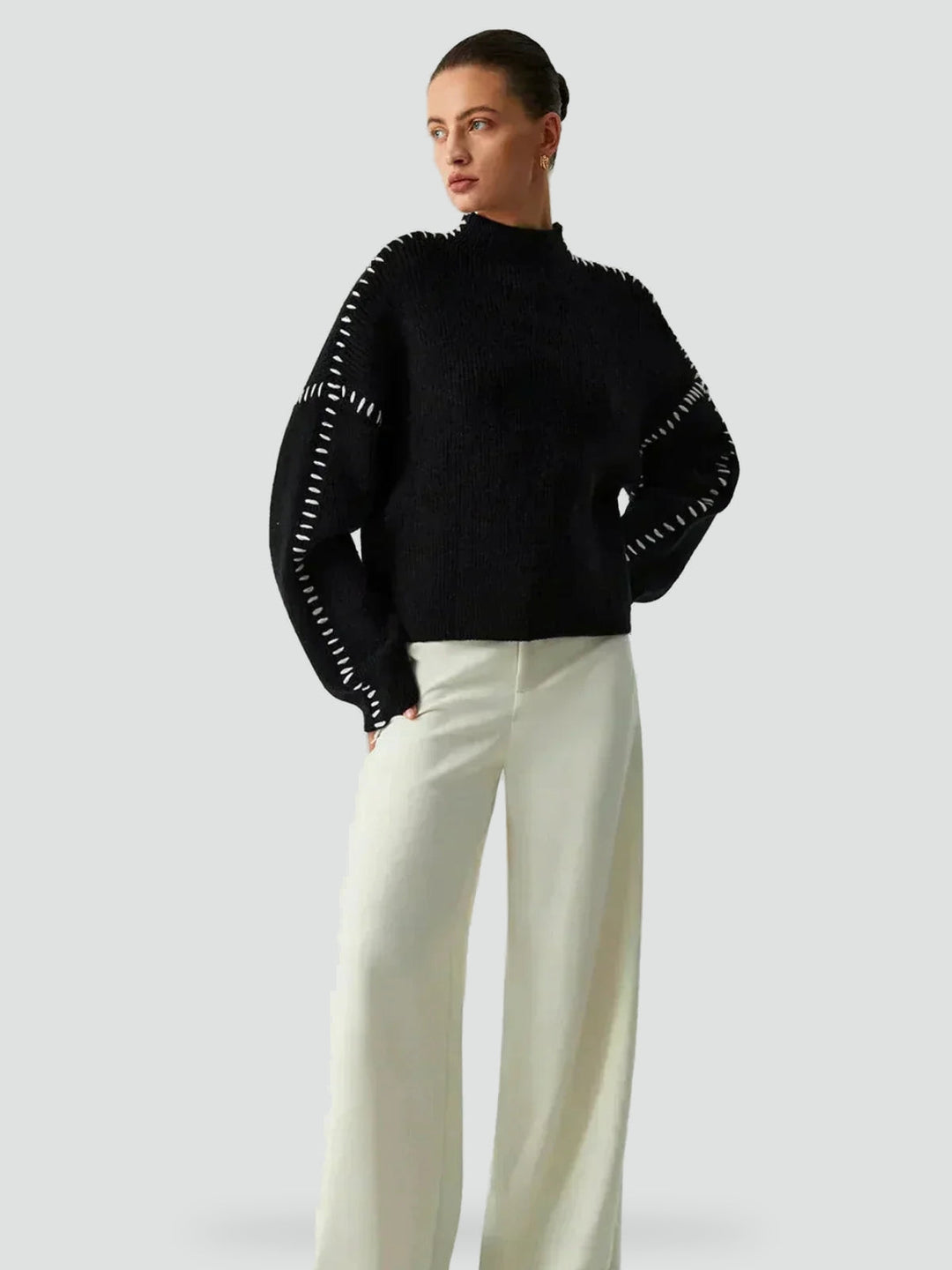 Women's Oversized Knit Sweater Mock Turtleneck Contrast Stitch Relaxed Pullover