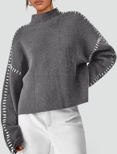 Women's Oversized Knit Sweater Mock Turtleneck Contrast Stitch Relaxed Pullover