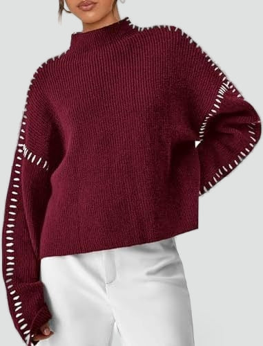 Women's Oversized Knit Sweater Mock Turtleneck Contrast Stitch Relaxed Pullover