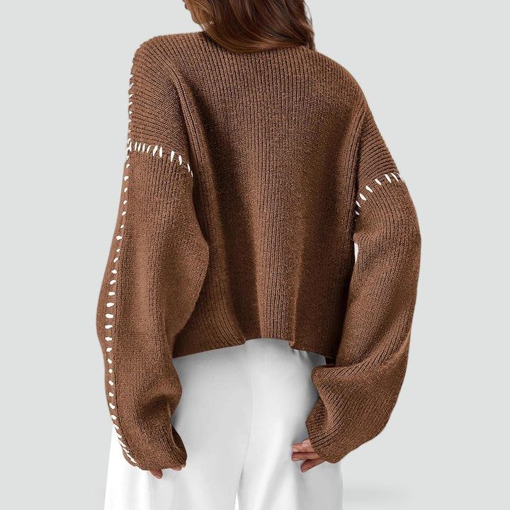 Women's Oversized Knit Sweater Mock Turtleneck Contrast Stitch Relaxed Pullover