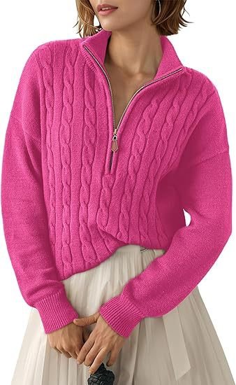 Women's Chunky Cable Knit Half-Zip Pullover Stand Collar Relaxed Sweater