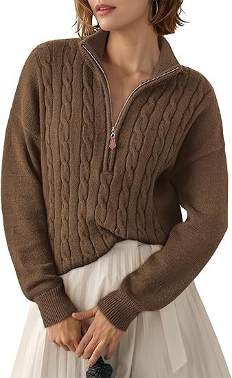 Women's Chunky Cable Knit Half-Zip Pullover Stand Collar Relaxed Sweater