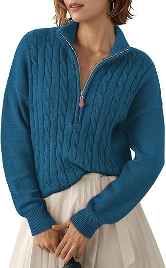 Women's Chunky Cable Knit Half-Zip Pullover Stand Collar Relaxed Sweater