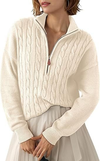 Women's Chunky Cable Knit Half-Zip Pullover Stand Collar Relaxed Sweater