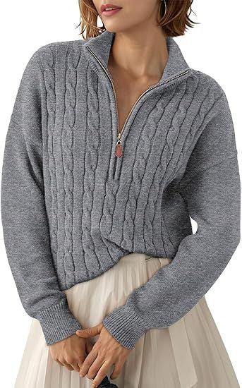 Women's Chunky Cable Knit Half-Zip Pullover Stand Collar Relaxed Sweater