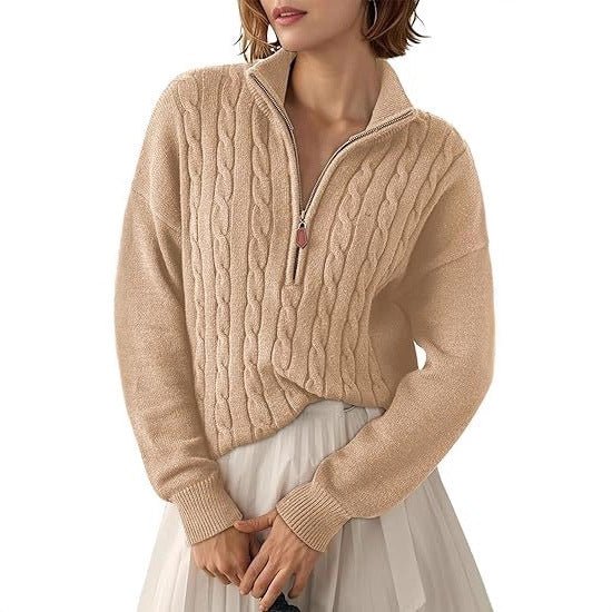 Women's Chunky Cable Knit Half-Zip Pullover Stand Collar Relaxed Sweater