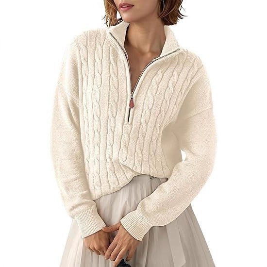 Women's Chunky Cable Knit Half-Zip Pullover Stand Collar Relaxed Sweater