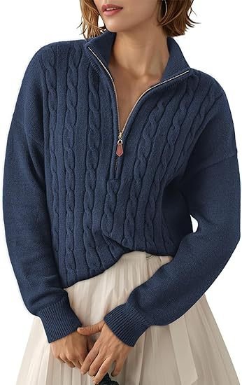Women's Chunky Cable Knit Half-Zip Pullover Stand Collar Relaxed Sweater