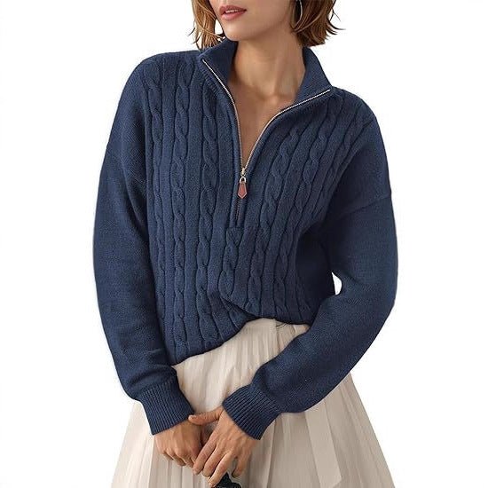 Women's Chunky Cable Knit Half-Zip Pullover Stand Collar Relaxed Sweater