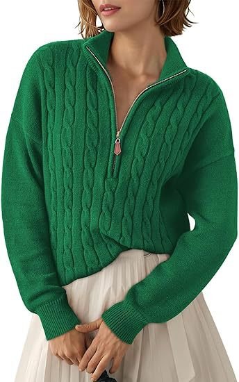 Women's Chunky Cable Knit Half-Zip Pullover Stand Collar Relaxed Sweater