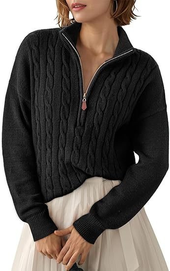 Women's Chunky Cable Knit Half-Zip Pullover Stand Collar Relaxed Sweater