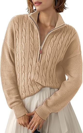Women's Chunky Cable Knit Half-Zip Pullover Stand Collar Relaxed Sweater