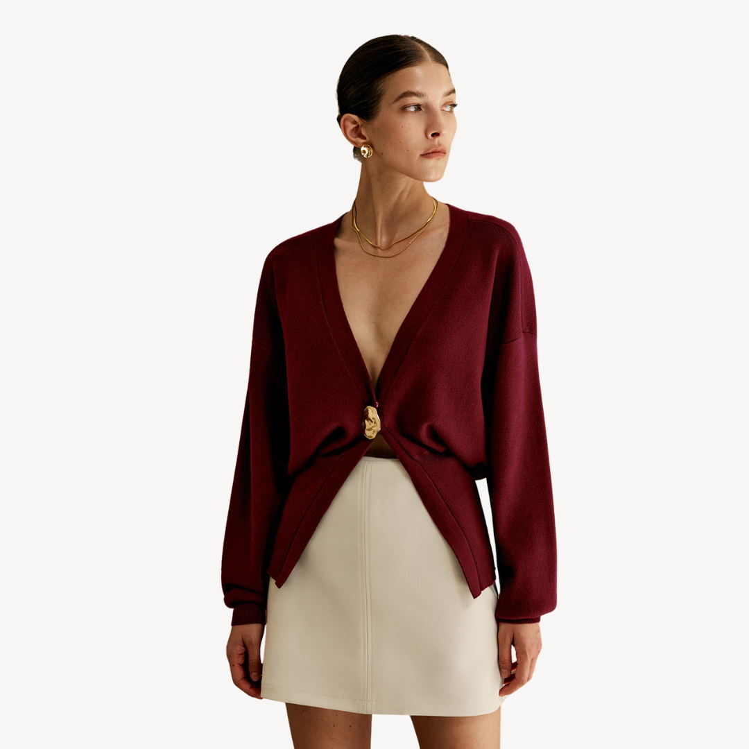 Women's Fine Knit V-Neck Cardigan Gold-Button Batwing-Sleeve Relaxed Cropped
