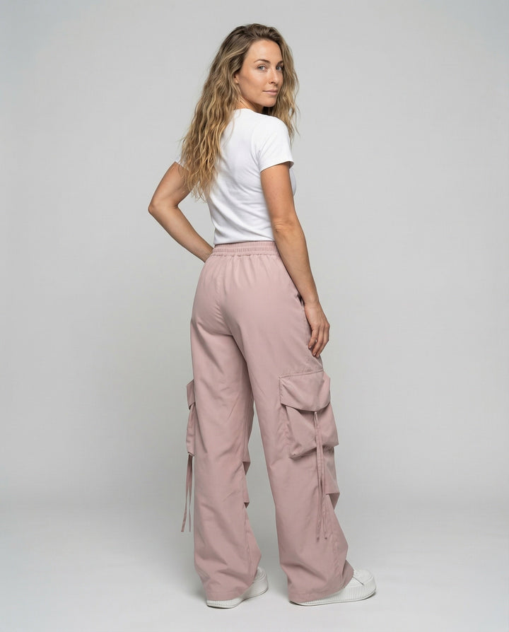 Women's Wide Leg Cargo Pants Parachute Flap Pockets Drawstring Side-Ties