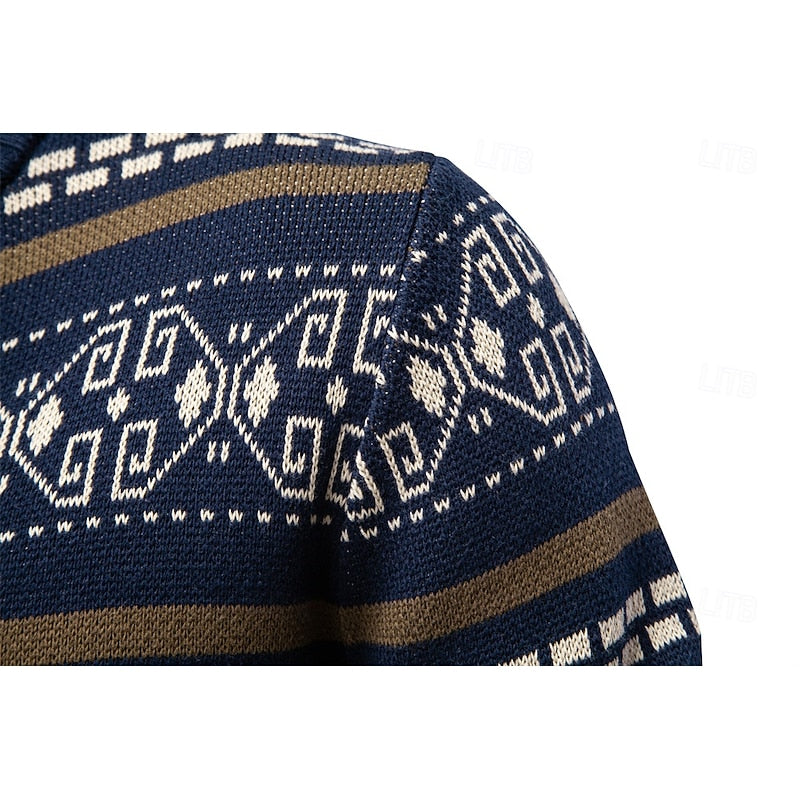 Men's Fair Isle Zip-Up Cardigan Stand Collar Nordic Knit Festive