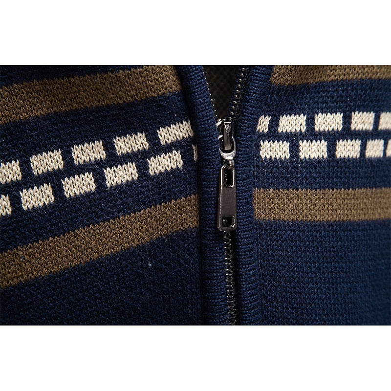 Men's Fair Isle Zip-Up Cardigan Stand Collar Nordic Knit Festive