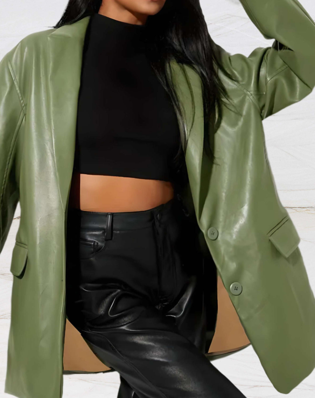 Women's Faux Leather Blazer Jacket Notch Lapel Button-Front Oversized Longline