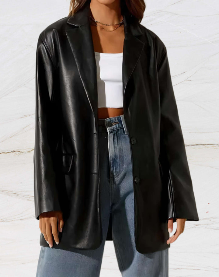 Women's Faux Leather Blazer Jacket Notch Lapel Button-Front Oversized Longline