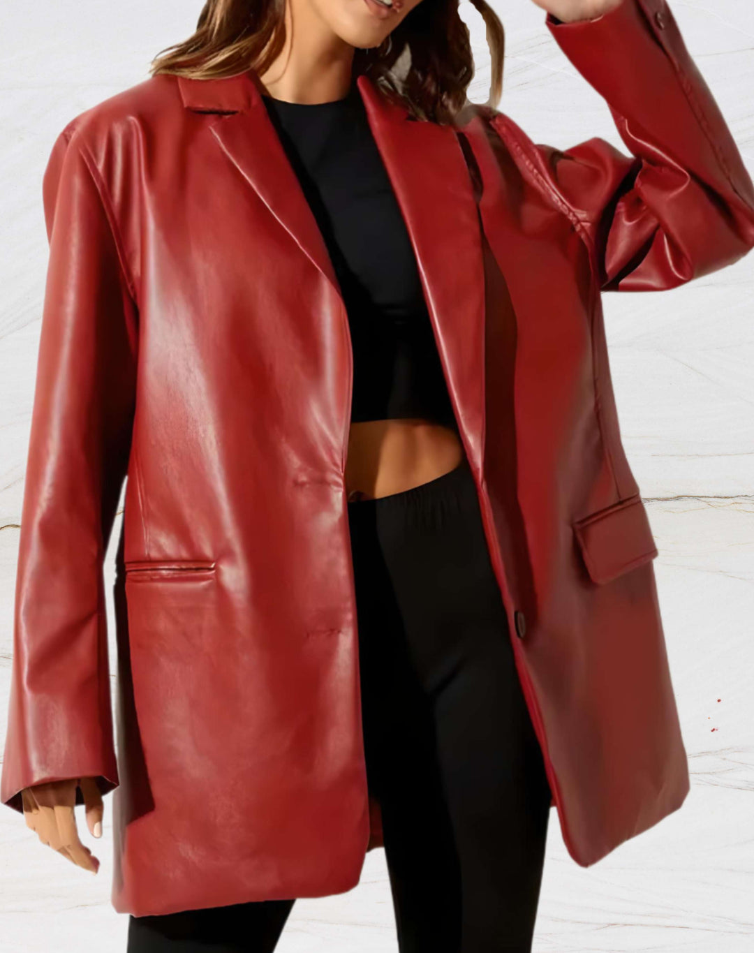 Women's Faux Leather Blazer Jacket Notch Lapel Button-Front Oversized Longline