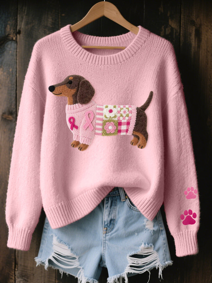 Women's Dog Print Knit Sweater Round Neck Long-Sleeve Oversized Jumper