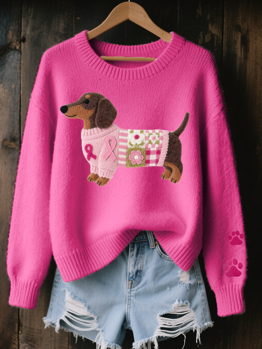 Women's Dog Print Knit Sweater Round Neck Long-Sleeve Oversized Jumper