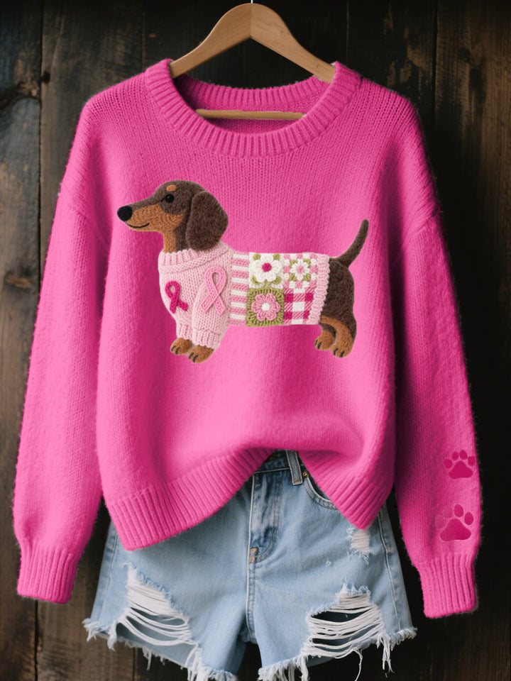 Women's Dog Print Knit Sweater Round Neck Long-Sleeve Oversized Jumper
