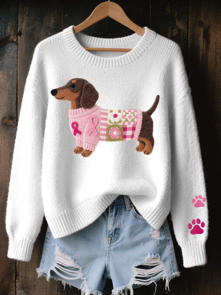 Women's Dog Print Knit Sweater Round Neck Long-Sleeve Oversized Jumper