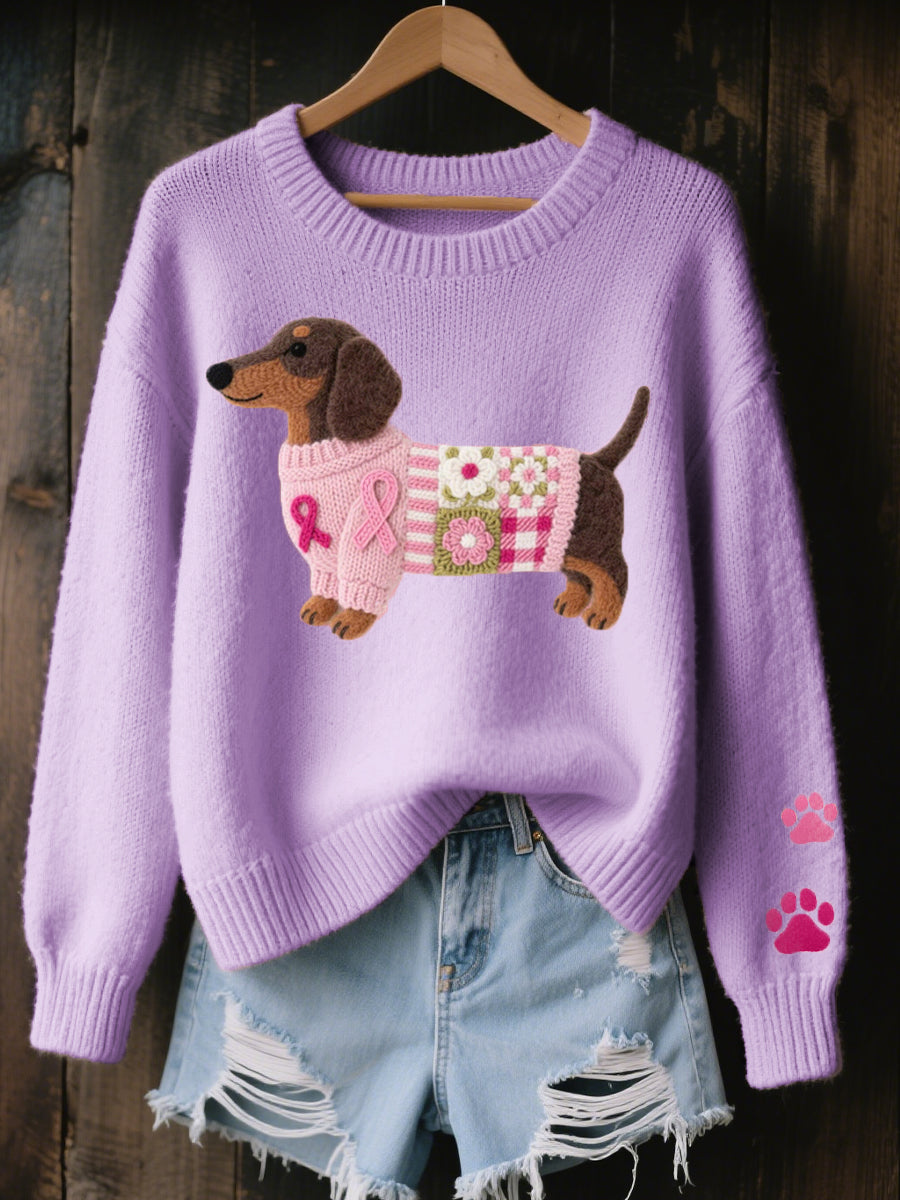 Women's Dog Print Knit Sweater Round Neck Long-Sleeve Oversized Jumper