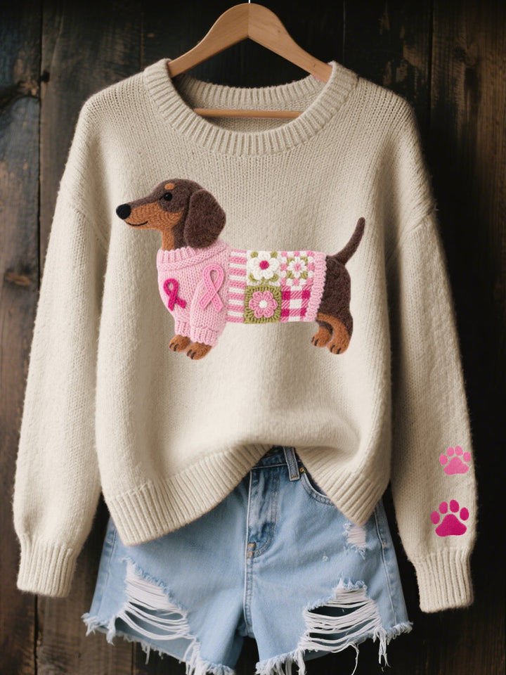 Women's Dog Print Knit Sweater Round Neck Long-Sleeve Oversized Jumper