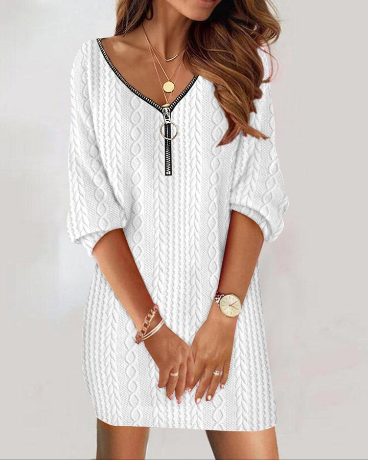 Women's Cable Knit Sweater Mini Dress V-Neck Quarter-Zip Half-Sleeve Cozy
