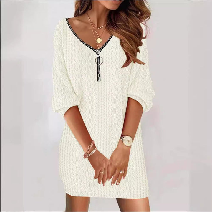 Women's Cable Knit Sweater Mini Dress V-Neck Quarter-Zip Half-Sleeve Cozy