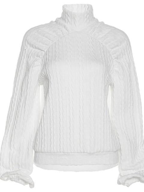 Women's Mock Neck Knit Top Cold-Shoulder Balloon-Sleeve Textured Relaxed
