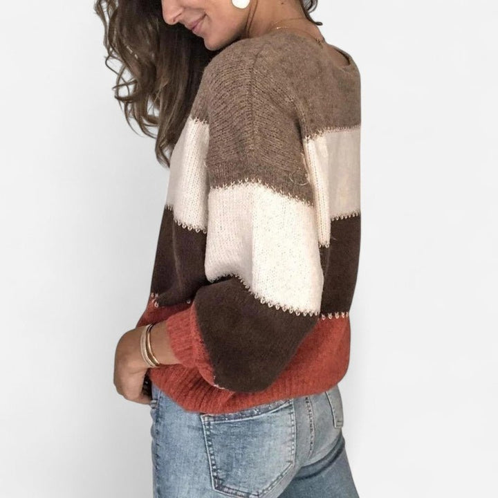 Women's Colorblock Striped Knit Sweater Crewneck Relaxed Oversized Pullover