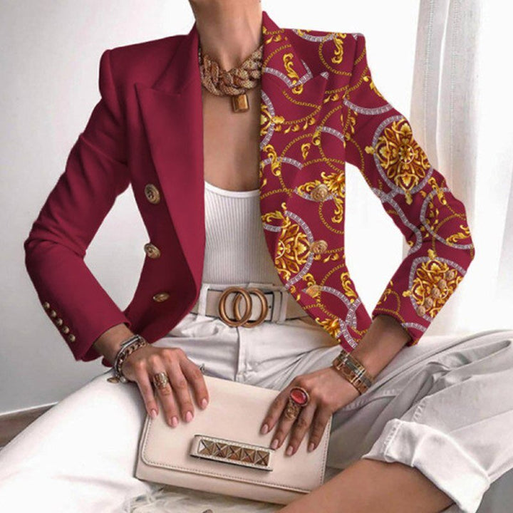Women's Contrast Panel Baroque Print Blazer Double-Breasted Notch Lapel Work