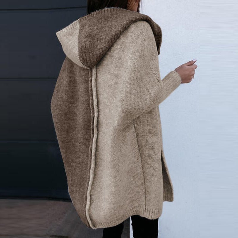 Women's Brown Hooded Knit Cardigan Longline Open-Front Ribbed Oversized