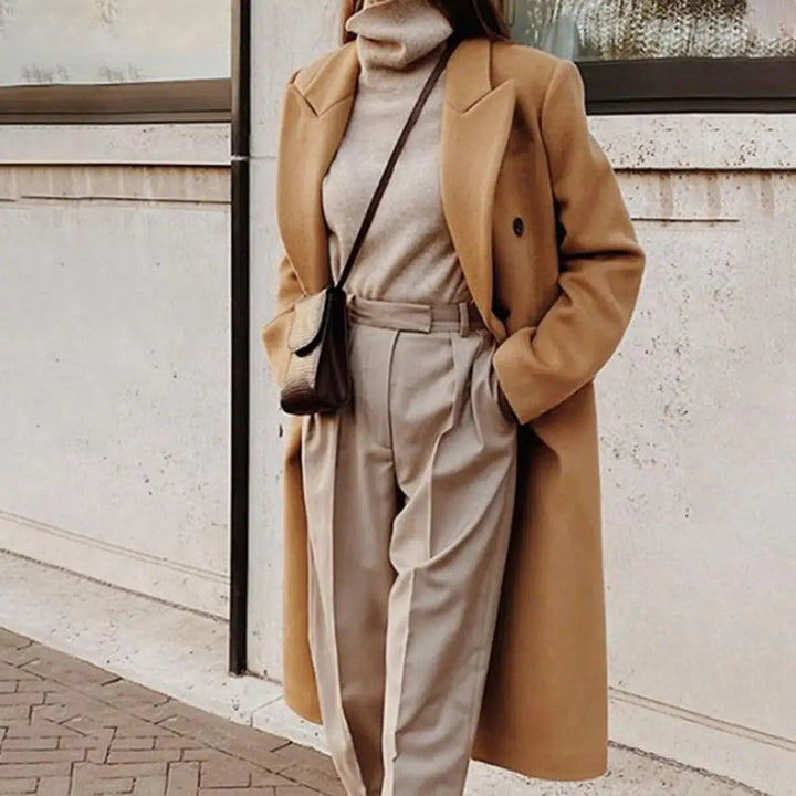 Women's Double-Breasted Longline Wool Coat Notch Lapel Winter Overcoat