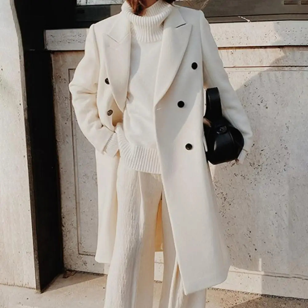 Women's Double-Breasted Longline Wool Coat Notch Lapel Winter Overcoat