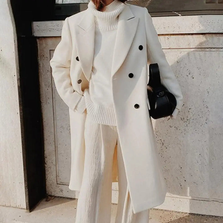 Women's Double-Breasted Longline Wool Coat Notch Lapel Winter Overcoat